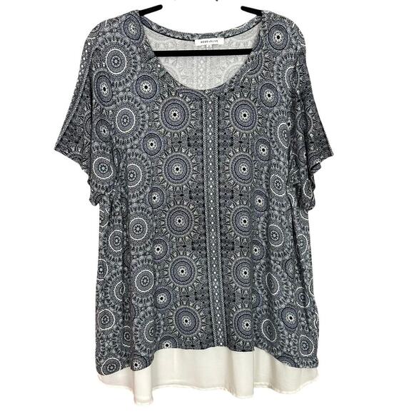 Rose & Olive Blue Black Tee Boho Short Sleeve Solid Trim Top Plus Size 2X - Picture 1 of 6